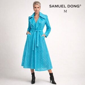 Samuel Dong Turquoise Eyelet Trench Coat Dress womens sz Medium Statement Duster